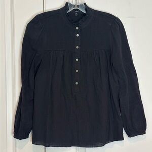 J. Crew Black Smocked Ruffle Neck Cotton Popover Long Sleeve Top XS